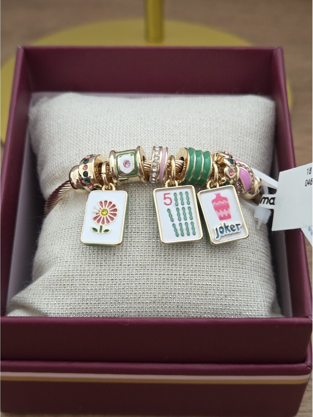 Piper K Mahjong Charm Bracelet Gold Tone Pink Green Enamel Game Tile Charms